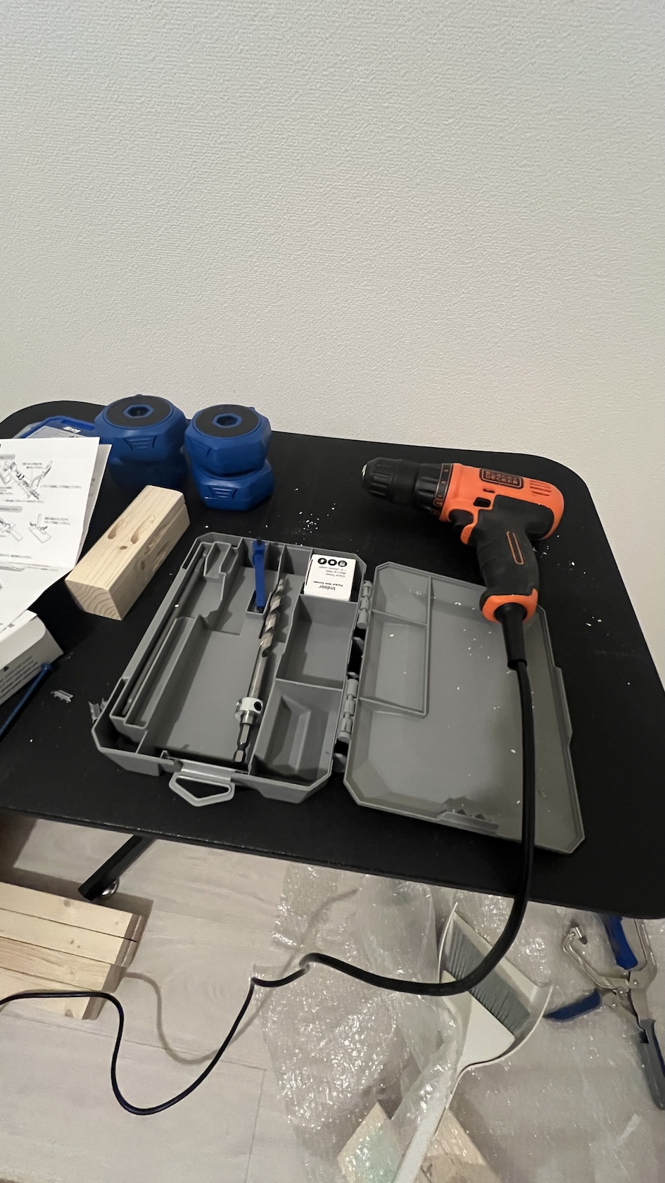 The Kreg jig and drill, and the sawdust that went everywhere